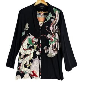 CITRON Santa Monica Dragon Asian Kimono Jacket Black Silk Blend Size L